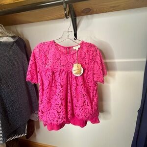 Umgee Hot Pink Lace Flutter Sleeve Blouse